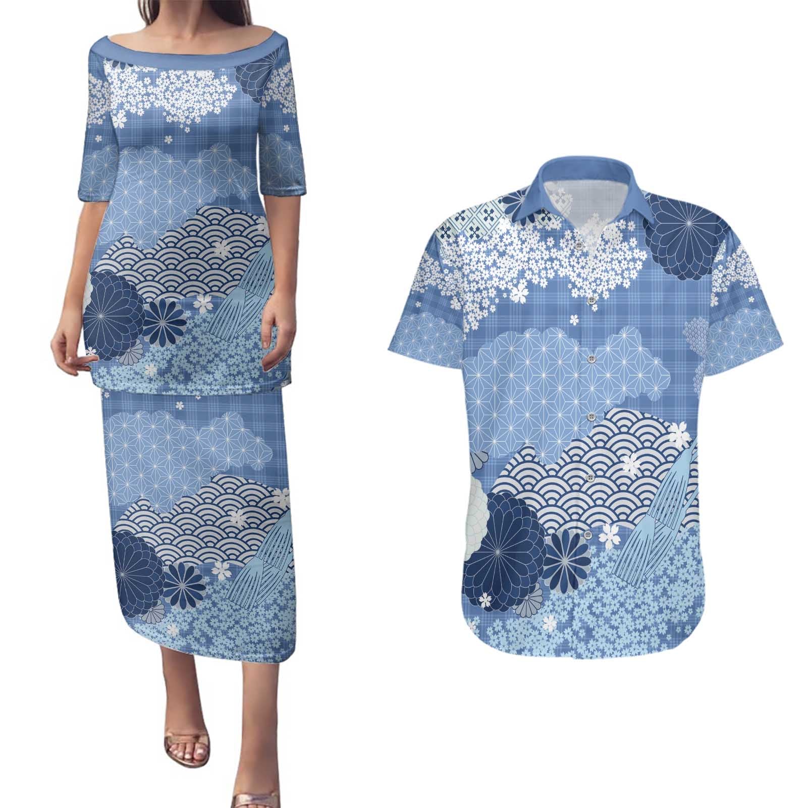 Blue Palaka Japanese Patterns Couples Matching Puletasi and Hawaiian Shirt Asanoha Seigaiha Sakura Motif - Polynesian Pride