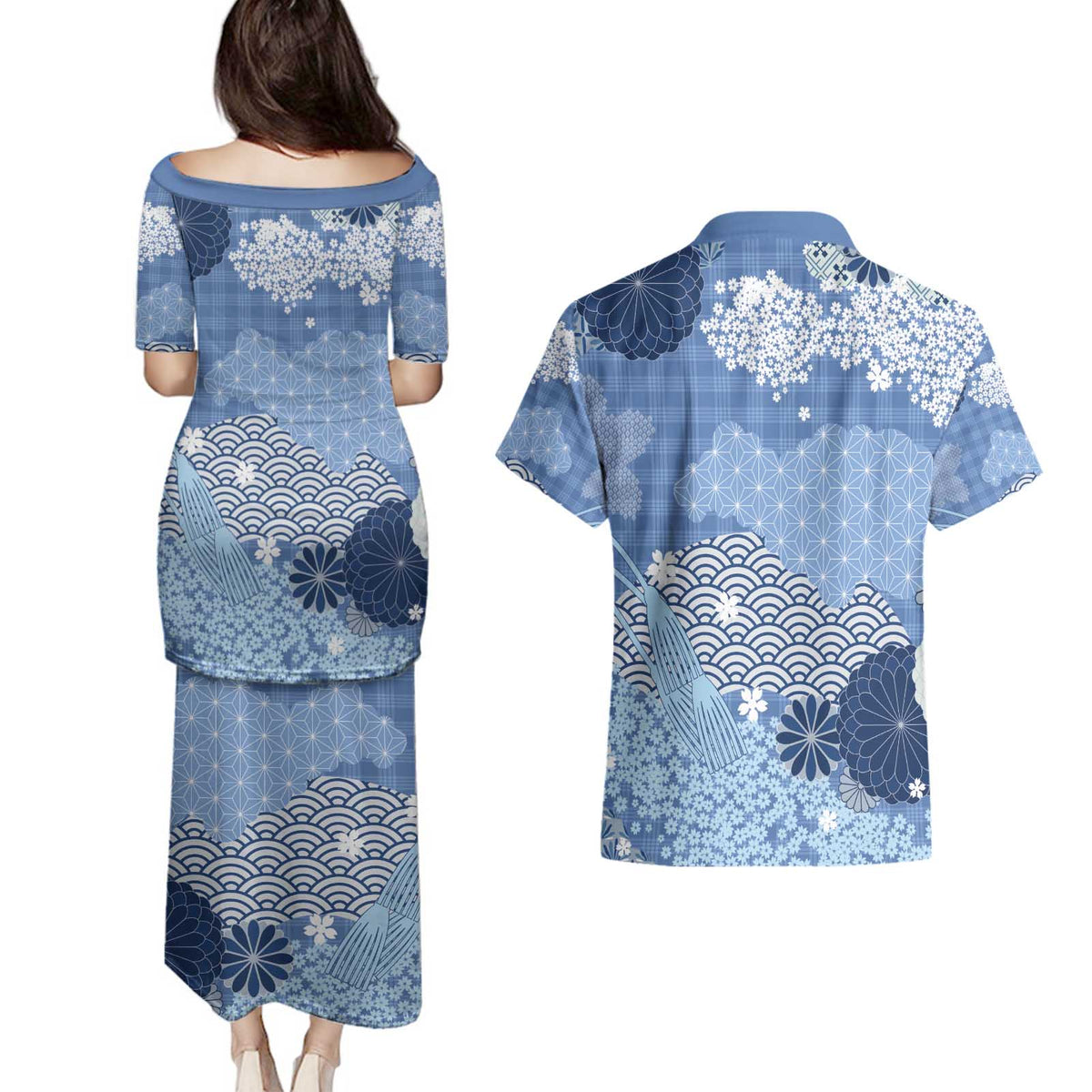Blue Palaka Japanese Patterns Couples Matching Puletasi and Hawaiian Shirt Asanoha Seigaiha Sakura Motif - Polynesian Pride