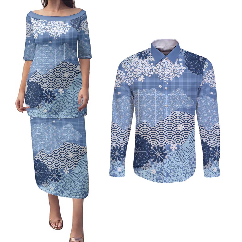 Blue Palaka Japanese Patterns Couples Matching Puletasi and Long Sleeve Button Shirt Asanoha Seigaiha Sakura Motif - Polynesian Pride