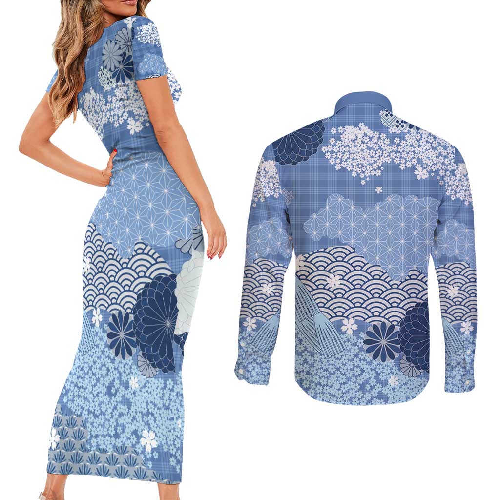 Blue Palaka Japanese Patterns Couples Matching Short Sleeve Bodycon Dress and Long Sleeve Button Shirt Asanoha Seigaiha Sakura Motif - Polynesian Pride