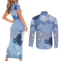 Blue Palaka Japanese Patterns Couples Matching Short Sleeve Bodycon Dress and Long Sleeve Button Shirt Asanoha Seigaiha Sakura Motif - Polynesian Pride