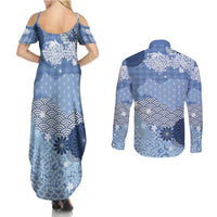 Blue Palaka Japanese Patterns Couples Matching Summer Maxi Dress and Long Sleeve Button Shirt Asanoha Seigaiha Sakura Motif - Polynesian Pride