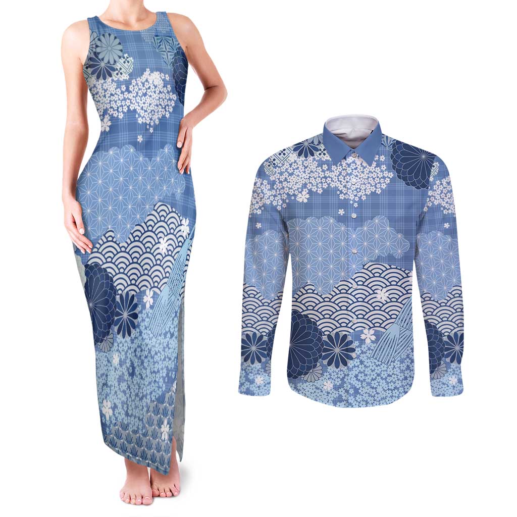 Blue Palaka Japanese Patterns Couples Matching Tank Maxi Dress and Long Sleeve Button Shirt Asanoha Seigaiha Sakura Motif - Polynesian Pride