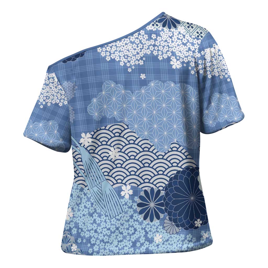 Blue Palaka Japanese Patterns Cross Shoulder Shirt Asanoha Seigaiha Sakura Motif - Polynesian Pride