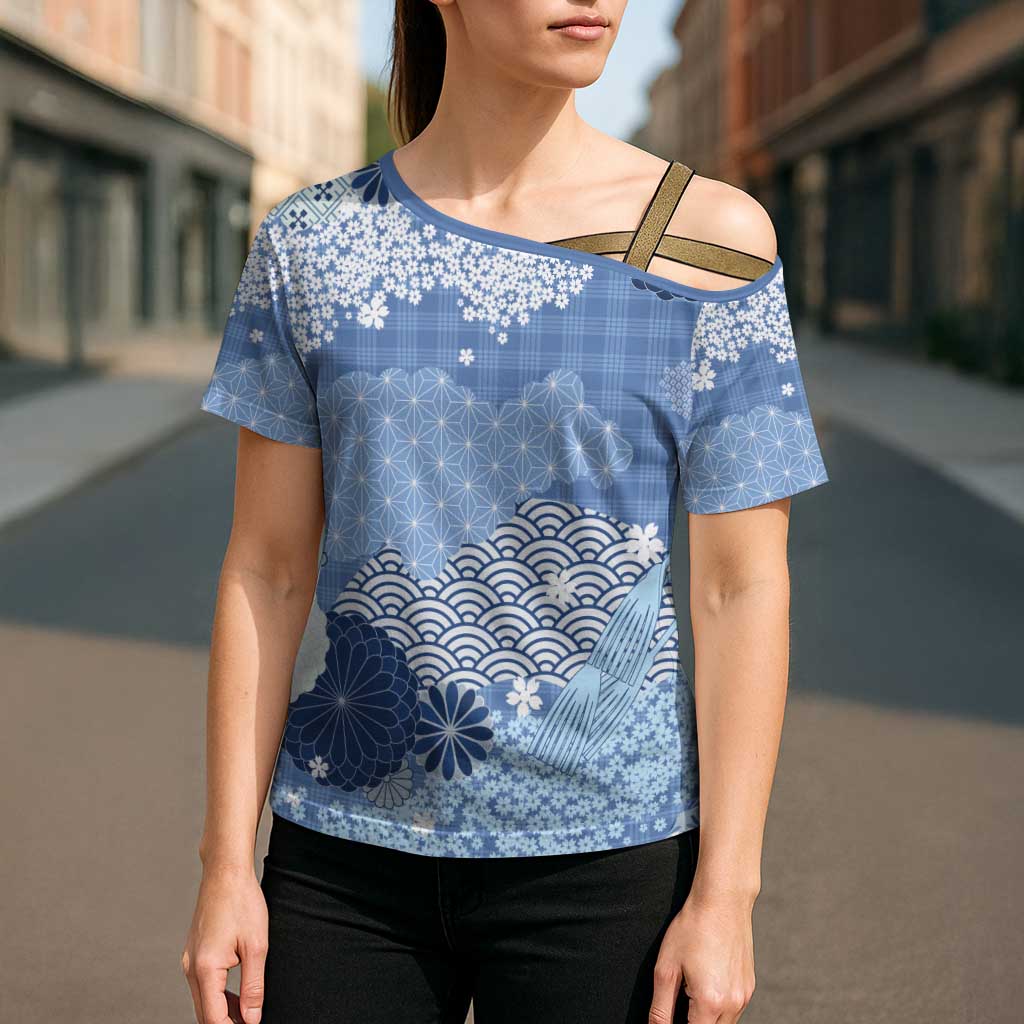 Blue Palaka Japanese Patterns Cross Shoulder Shirt Asanoha Seigaiha Sakura Motif - Polynesian Pride