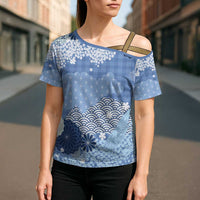 Blue Palaka Japanese Patterns Cross Shoulder Shirt Asanoha Seigaiha Sakura Motif - Polynesian Pride