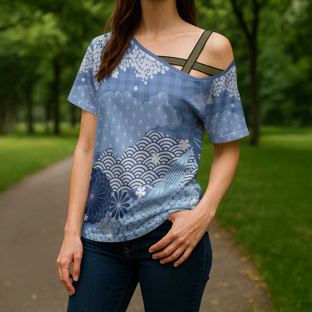 Blue Palaka Japanese Patterns Cross Shoulder Shirt Asanoha Seigaiha Sakura Motif - Polynesian Pride