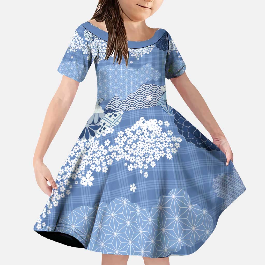 Blue Palaka Japanese Patterns Family Matching Long Sleeve Bodycon Dress and Hawaiian Shirt Asanoha Seigaiha Sakura Motif LT14 Daughter's Dress Blue - Polynesian Pride
