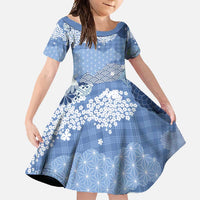 Blue Palaka Japanese Patterns Family Matching Long Sleeve Bodycon Dress and Hawaiian Shirt Asanoha Seigaiha Sakura Motif LT14 Daughter's Dress Blue - Polynesian Pride
