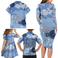 Blue Palaka Japanese Patterns Family Matching Long Sleeve Bodycon Dress and Hawaiian Shirt Asanoha Seigaiha Sakura Motif LT14 - Polynesian Pride