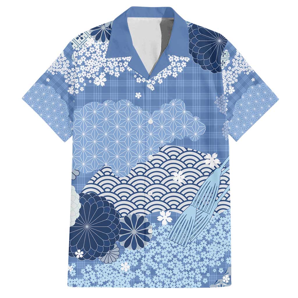Blue Palaka Japanese Patterns Family Matching Long Sleeve Bodycon Dress and Hawaiian Shirt Asanoha Seigaiha Sakura Motif LT14 Dad's Shirt - Short Sleeve Blue - Polynesian Pride