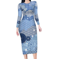 Blue Palaka Japanese Patterns Family Matching Long Sleeve Bodycon Dress and Hawaiian Shirt Asanoha Seigaiha Sakura Motif LT14 Mom's Dress Blue - Polynesian Pride