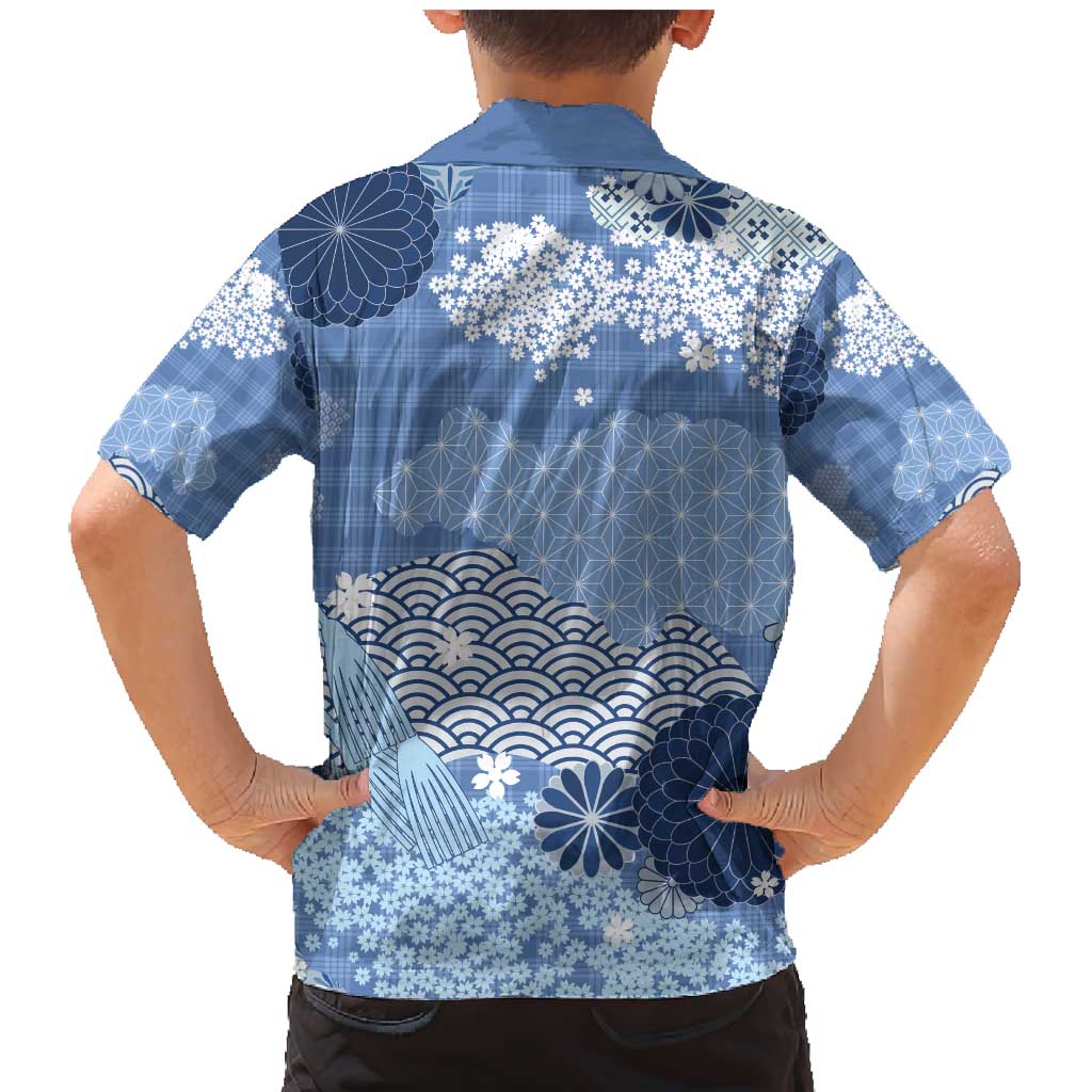 Blue Palaka Japanese Patterns Family Matching Mermaid Dress and Hawaiian Shirt Asanoha Seigaiha Sakura Motif - Polynesian Pride