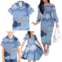 Blue Palaka Japanese Patterns Family Matching Off The Shoulder Long Sleeve Dress and Hawaiian Shirt Asanoha Seigaiha Sakura Motif - Polynesian Pride