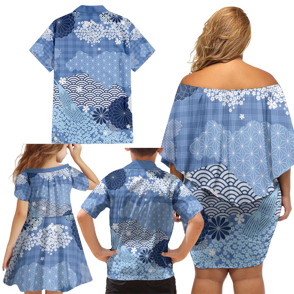 Blue Palaka Japanese Patterns Family Matching Off Shoulder Short Dress and Hawaiian Shirt Asanoha Seigaiha Sakura Motif - Polynesian Pride