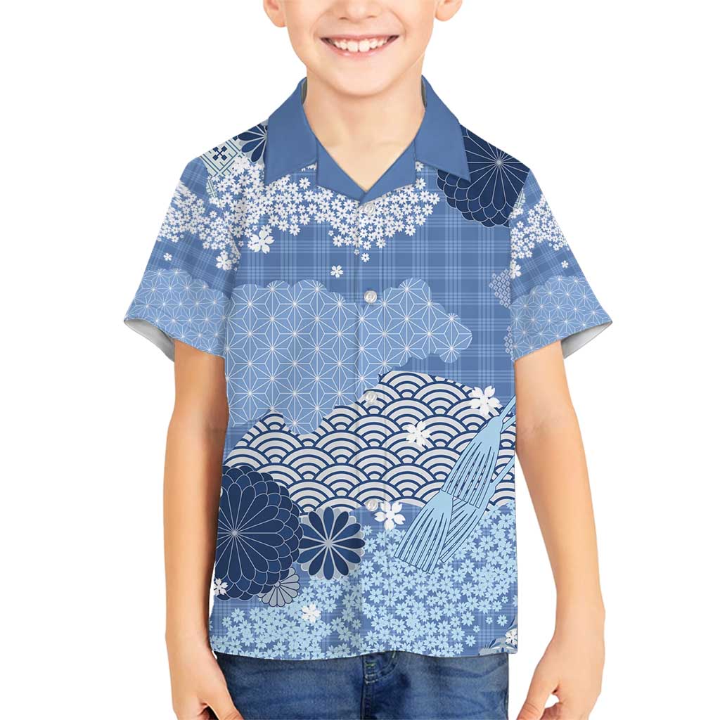 Blue Palaka Japanese Patterns Family Matching Off Shoulder Short Dress and Hawaiian Shirt Asanoha Seigaiha Sakura Motif - Polynesian Pride