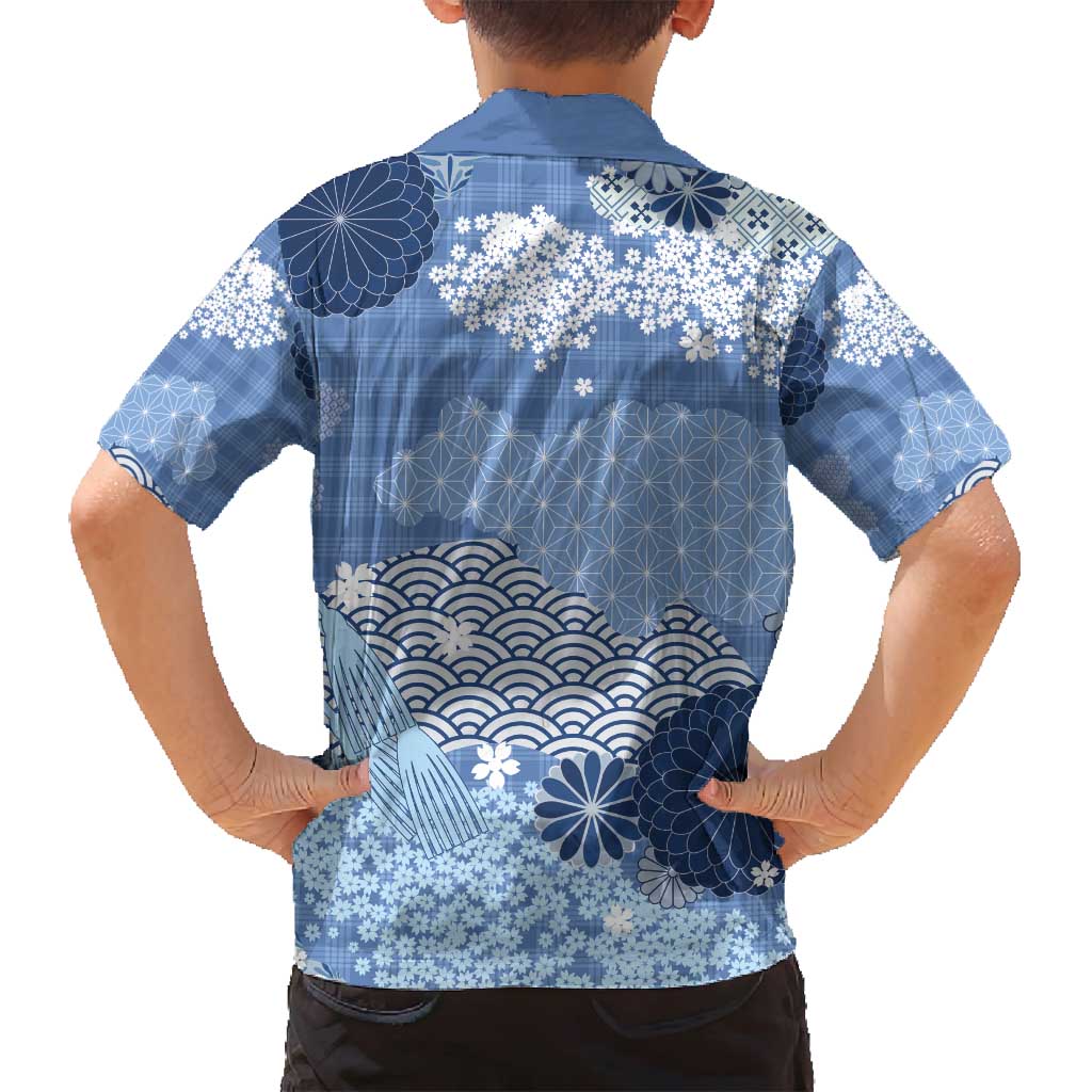 Blue Palaka Japanese Patterns Family Matching Puletasi and Hawaiian Shirt Asanoha Seigaiha Sakura Motif LT14 - Polynesian Pride