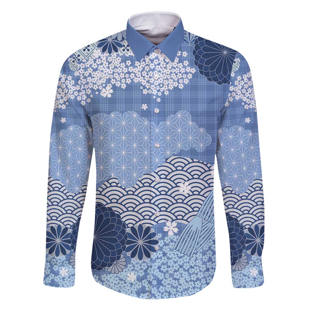 Blue Palaka Japanese Patterns Family Matching Puletasi and Hawaiian Shirt Asanoha Seigaiha Sakura Motif LT14 Dad's Shirt - Long Sleeve Blue - Polynesian Pride
