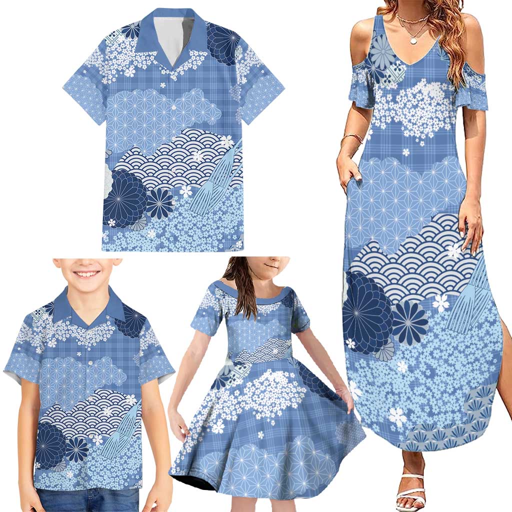 Blue Palaka Japanese Patterns Family Matching Summer Maxi Dress and Hawaiian Shirt Asanoha Seigaiha Sakura Motif - Polynesian Pride