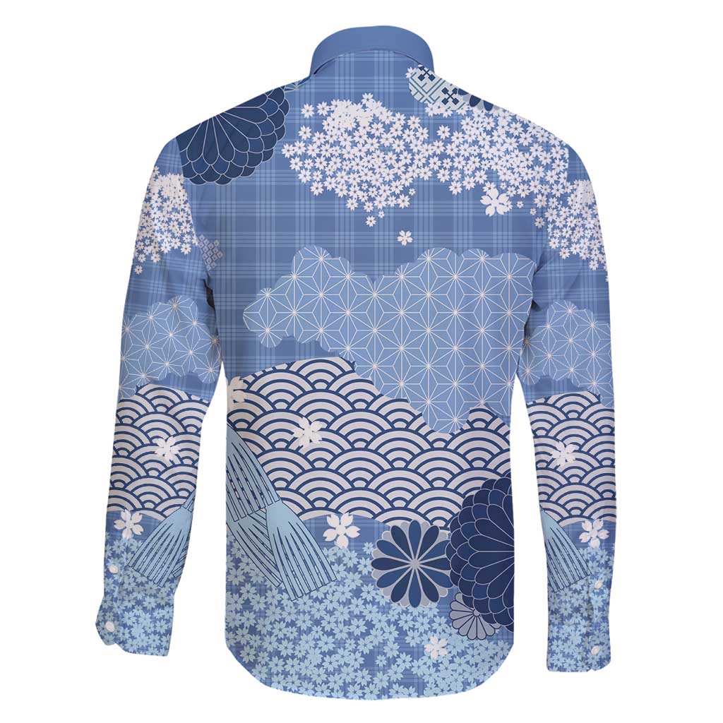 Blue Palaka Japanese Patterns Family Matching Summer Maxi Dress and Hawaiian Shirt Asanoha Seigaiha Sakura Motif - Polynesian Pride