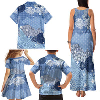 Blue Palaka Japanese Patterns Family Matching Tank Maxi Dress and Hawaiian Shirt Asanoha Seigaiha Sakura Motif - Polynesian Pride