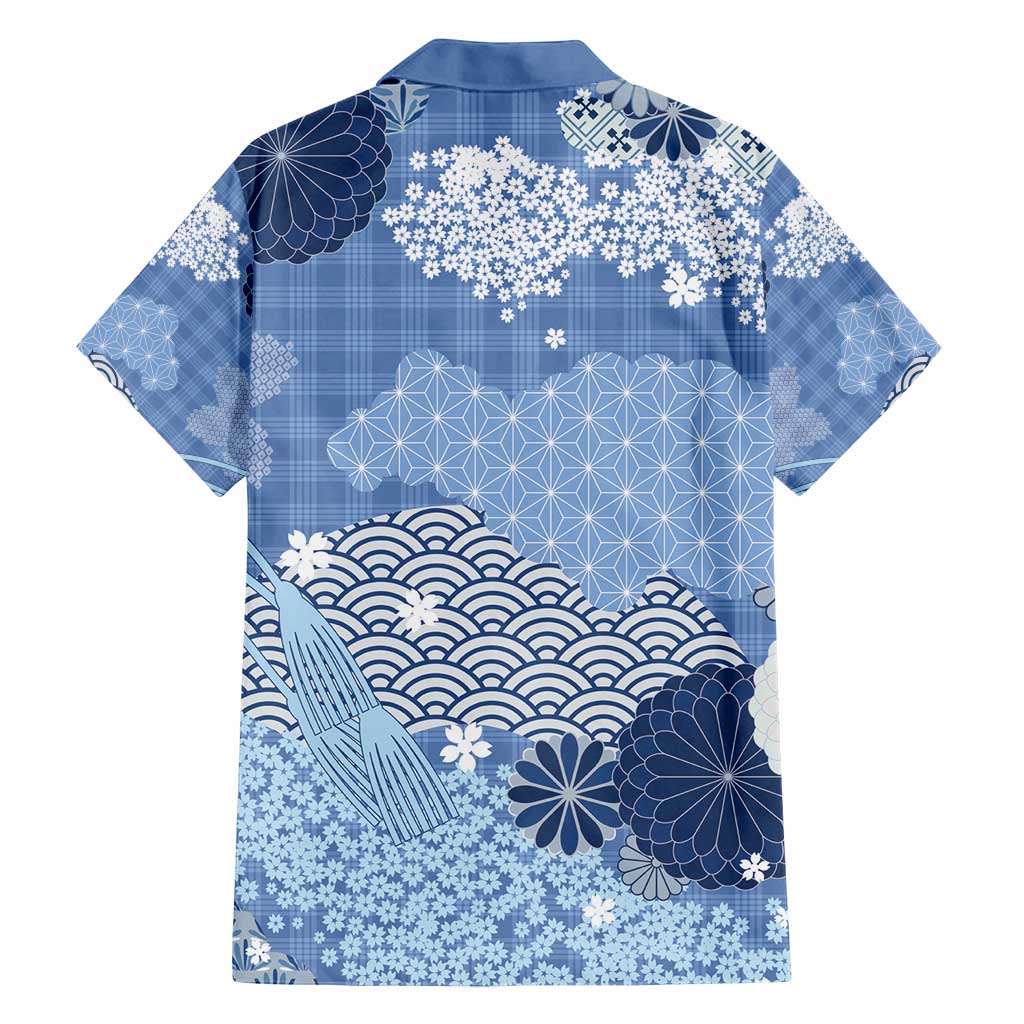 Blue Palaka Japanese Patterns Family Matching Tank Maxi Dress and Hawaiian Shirt Asanoha Seigaiha Sakura Motif - Polynesian Pride