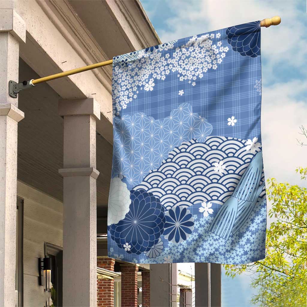 Blue Palaka Japanese Patterns Garden Flag Asanoha Seigaiha Sakura Motif - Polynesian Pride