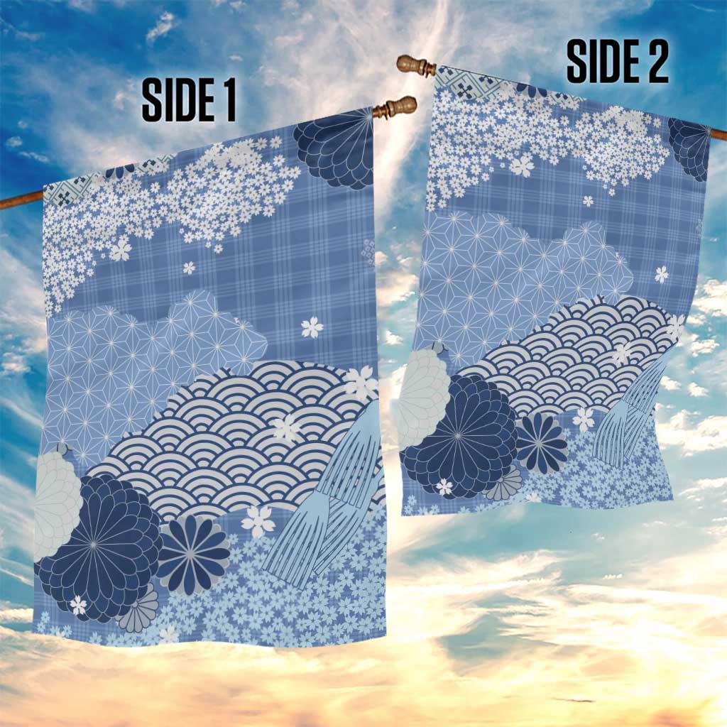 Blue Palaka Japanese Patterns Garden Flag Asanoha Seigaiha Sakura Motif - Polynesian Pride