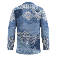 Blue Palaka Japanese Patterns Hockey Jersey Asanoha Seigaiha Sakura Motif - Polynesian Pride