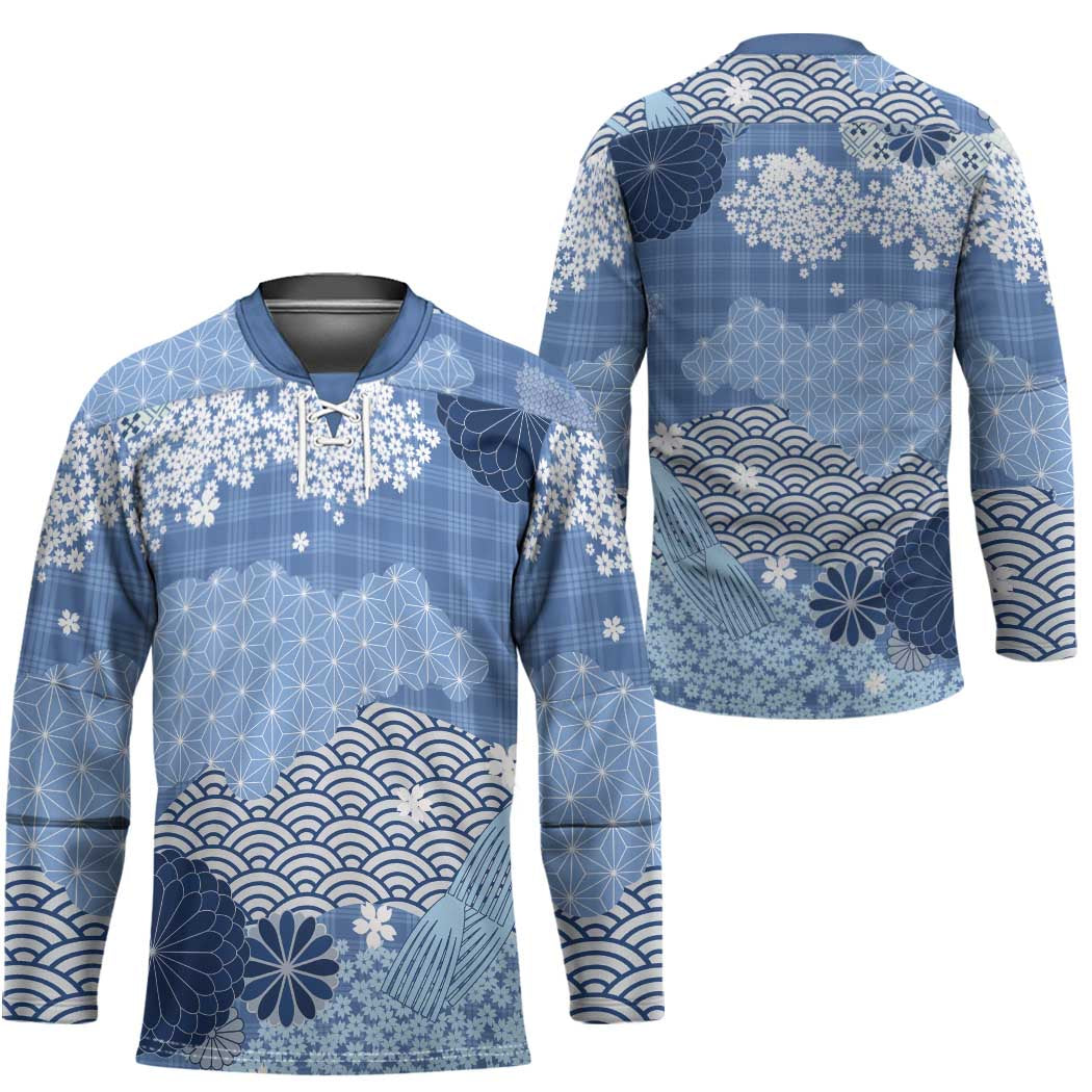 Blue Palaka Japanese Patterns Hockey Jersey Asanoha Seigaiha Sakura Motif - Polynesian Pride