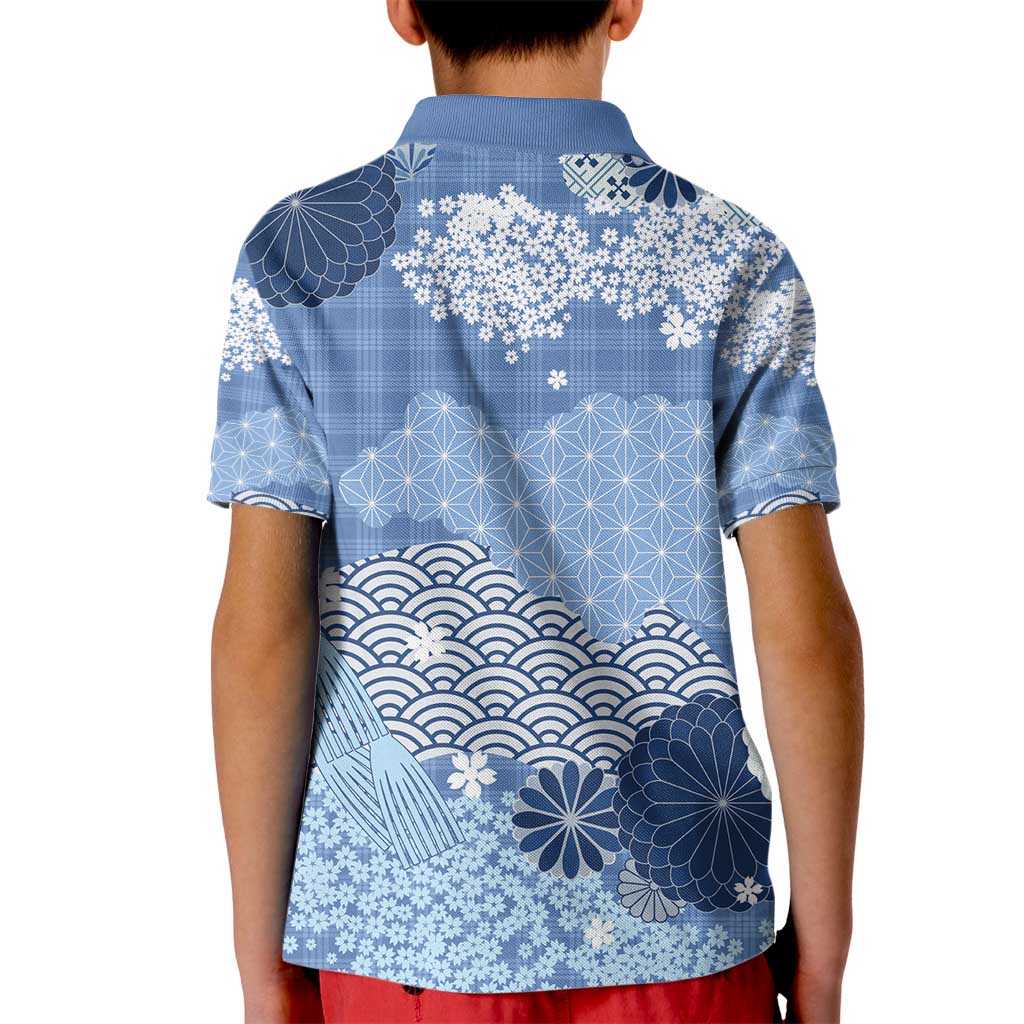 Blue Palaka Japanese Patterns Kid Polo Shirt Asanoha Seigaiha Sakura Motif - Polynesian Pride