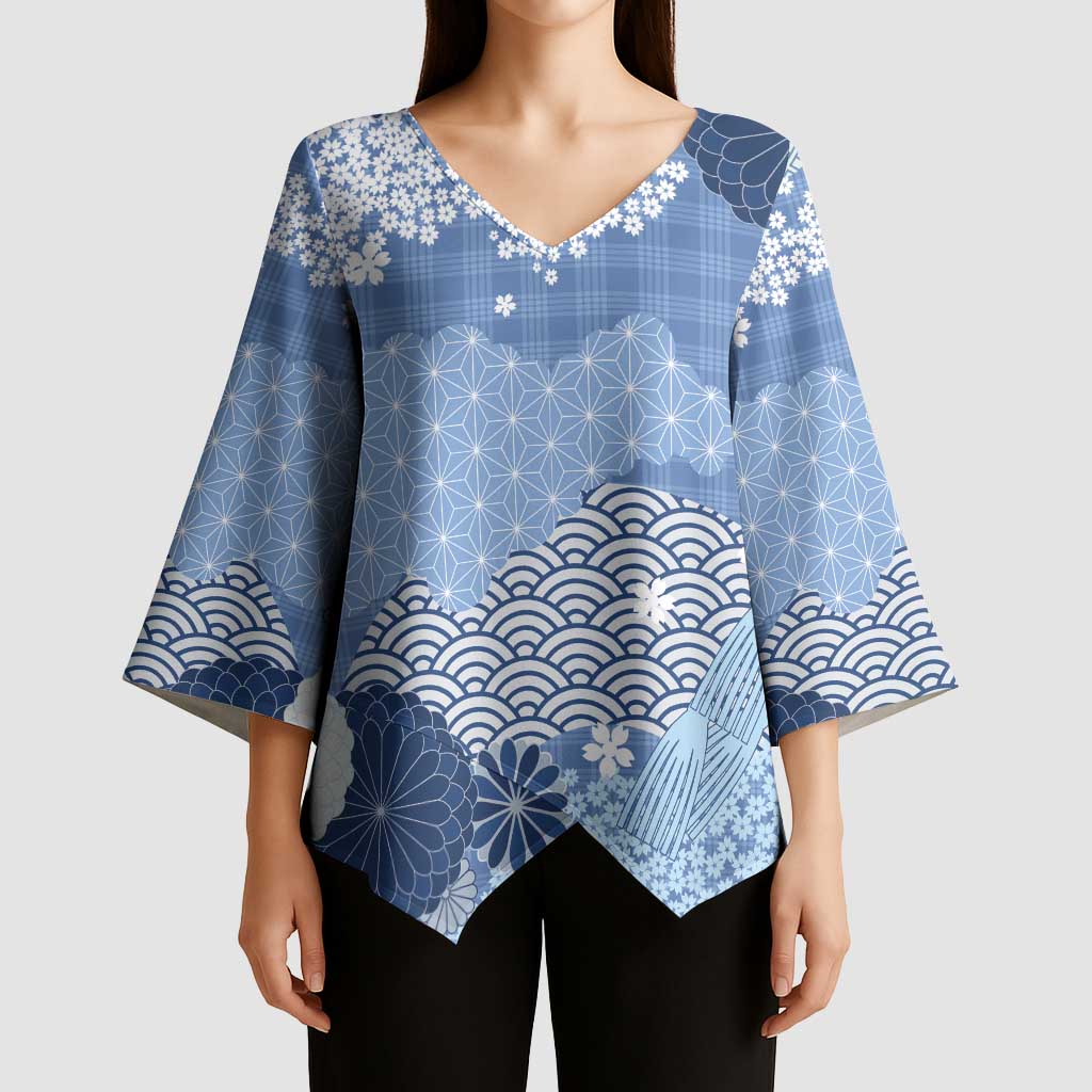 Blue Palaka Japanese Patterns Kimono Sleeve Blouse Asanoha Seigaiha Sakura Motif - Polynesian Pride
