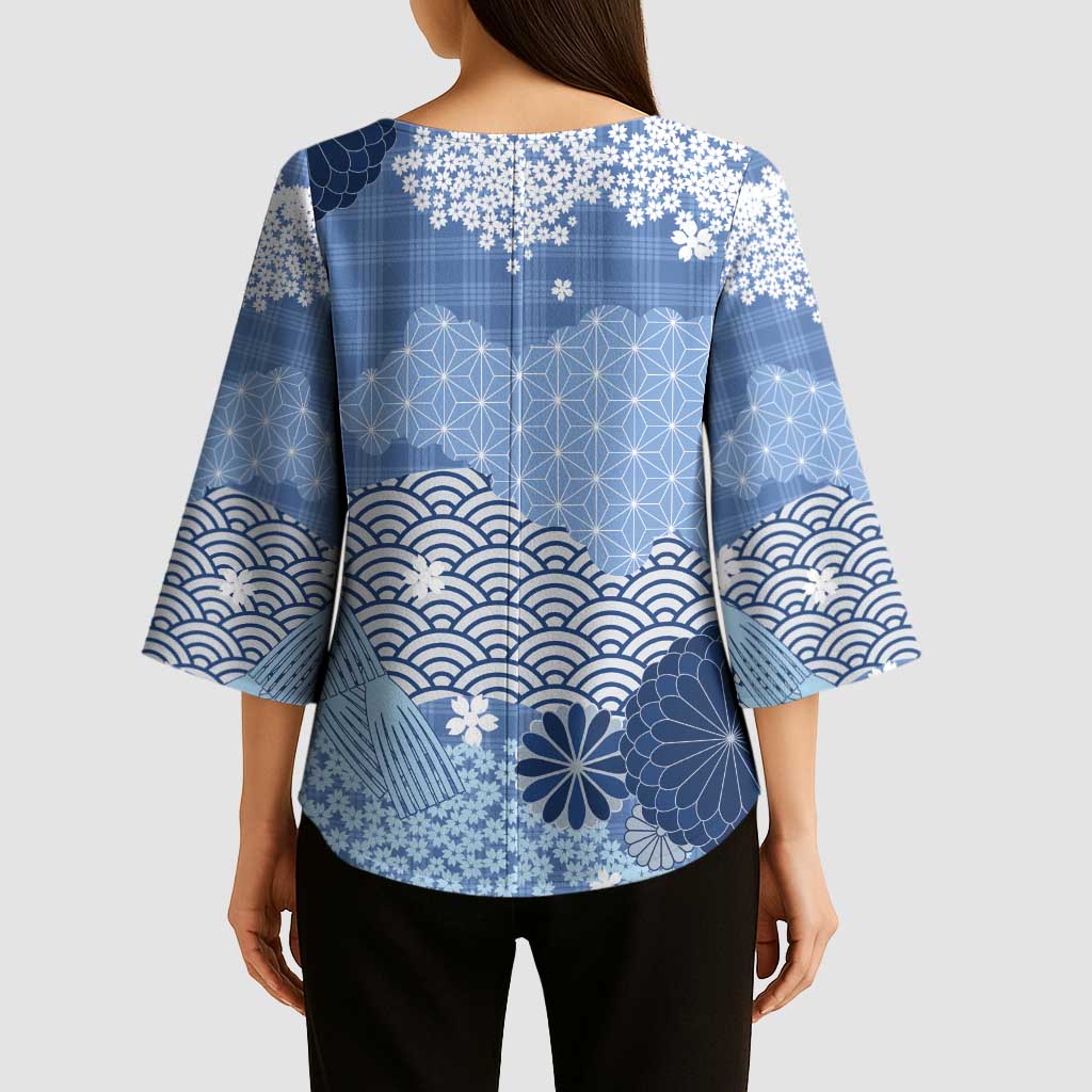 Blue Palaka Japanese Patterns Kimono Sleeve Blouse Asanoha Seigaiha Sakura Motif - Polynesian Pride