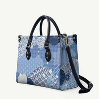 Blue Palaka Japanese Patterns Leather Bag Asanoha Seigaiha Sakura Motif - Polynesian Pride