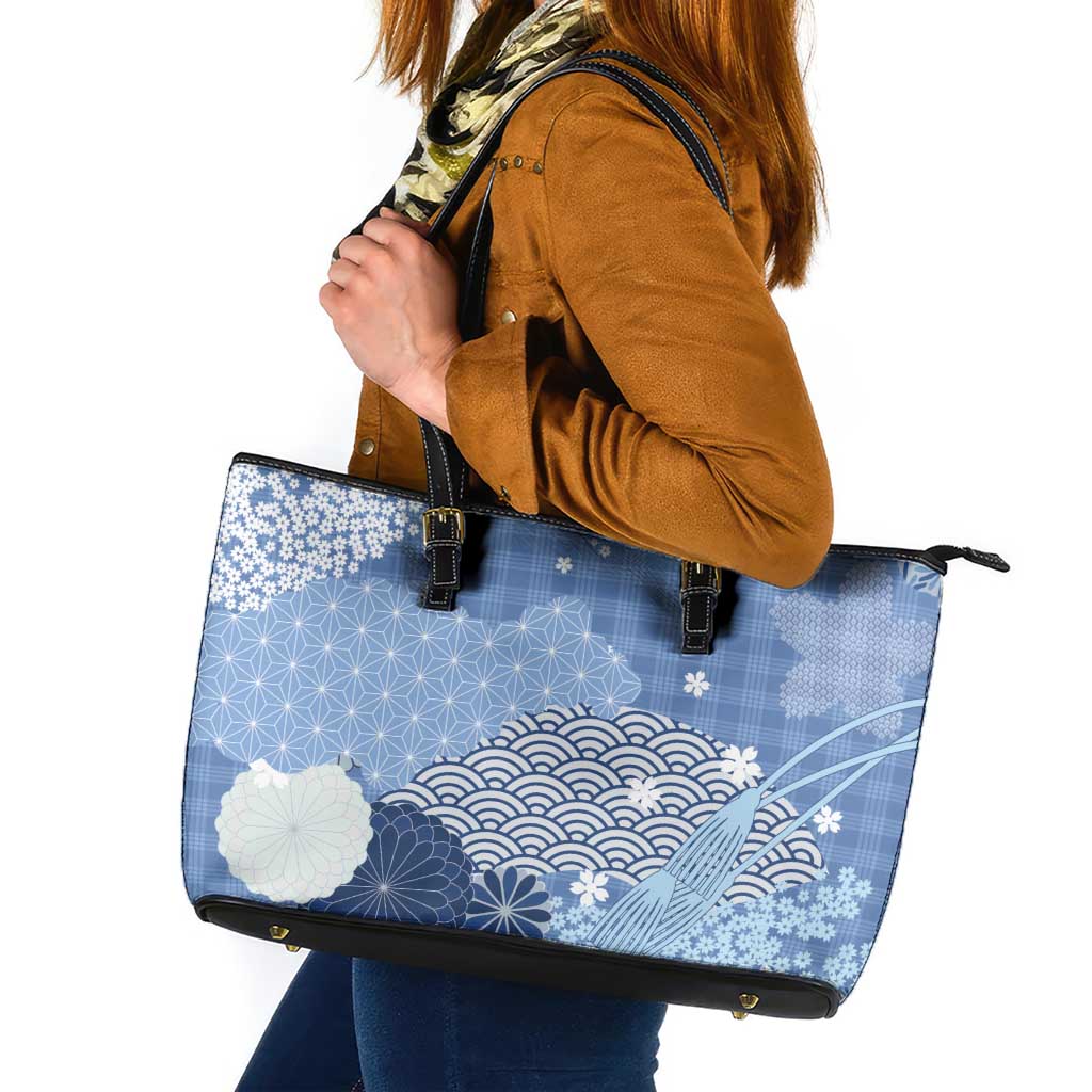 Blue Palaka Japanese Patterns Leather Tote Bag Asanoha Seigaiha Sakura Motif - Polynesian Pride