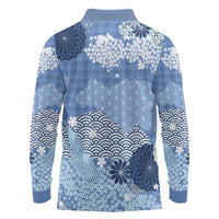 Blue Palaka Japanese Patterns Long Sleeve Polo Shirt Asanoha Seigaiha Sakura Motif - Polynesian Pride