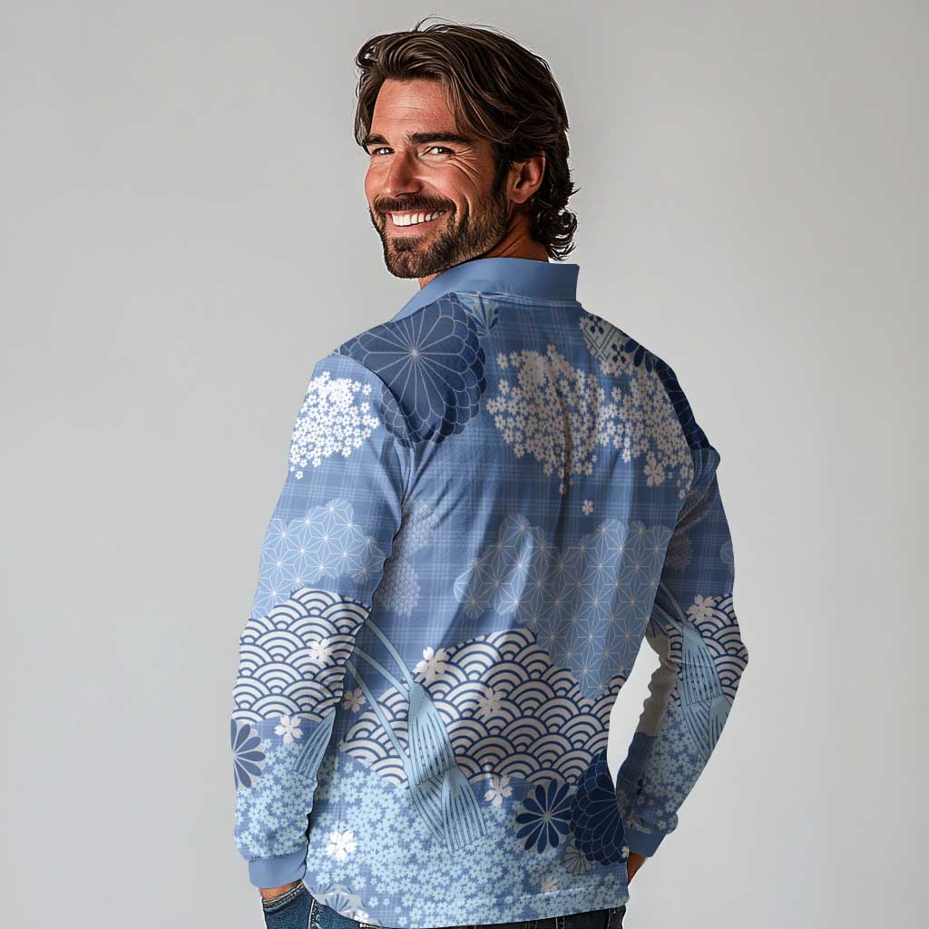 Blue Palaka Japanese Patterns Long Sleeve Polo Shirt Asanoha Seigaiha Sakura Motif - Polynesian Pride