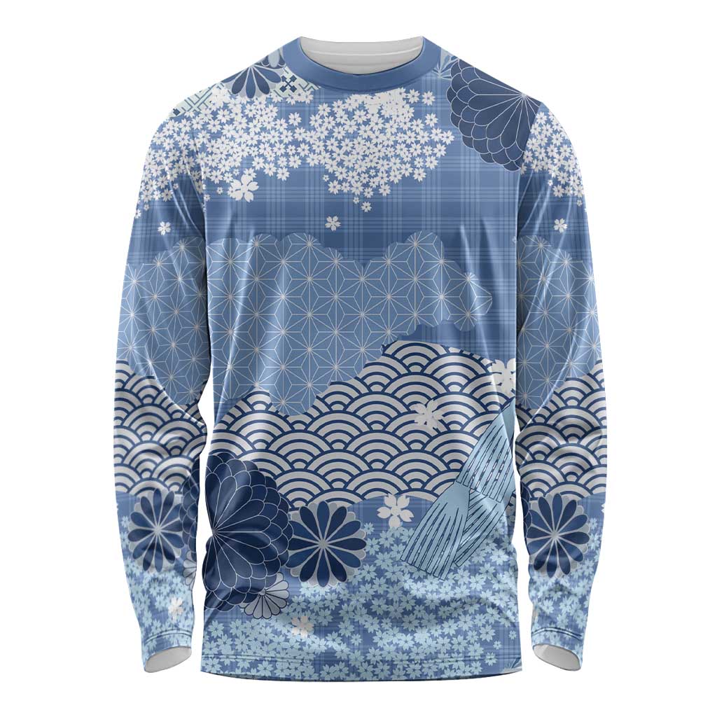 Blue Palaka Japanese Patterns Long Sleeve Shirt Asanoha Seigaiha Sakura Motif - Polynesian Pride