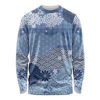 Blue Palaka Japanese Patterns Long Sleeve Shirt Asanoha Seigaiha Sakura Motif - Polynesian Pride