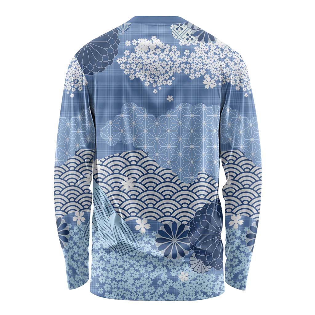 Blue Palaka Japanese Patterns Long Sleeve Shirt Asanoha Seigaiha Sakura Motif - Polynesian Pride