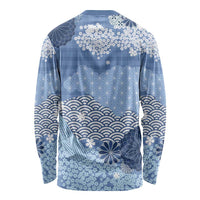 Blue Palaka Japanese Patterns Long Sleeve Shirt Asanoha Seigaiha Sakura Motif - Polynesian Pride