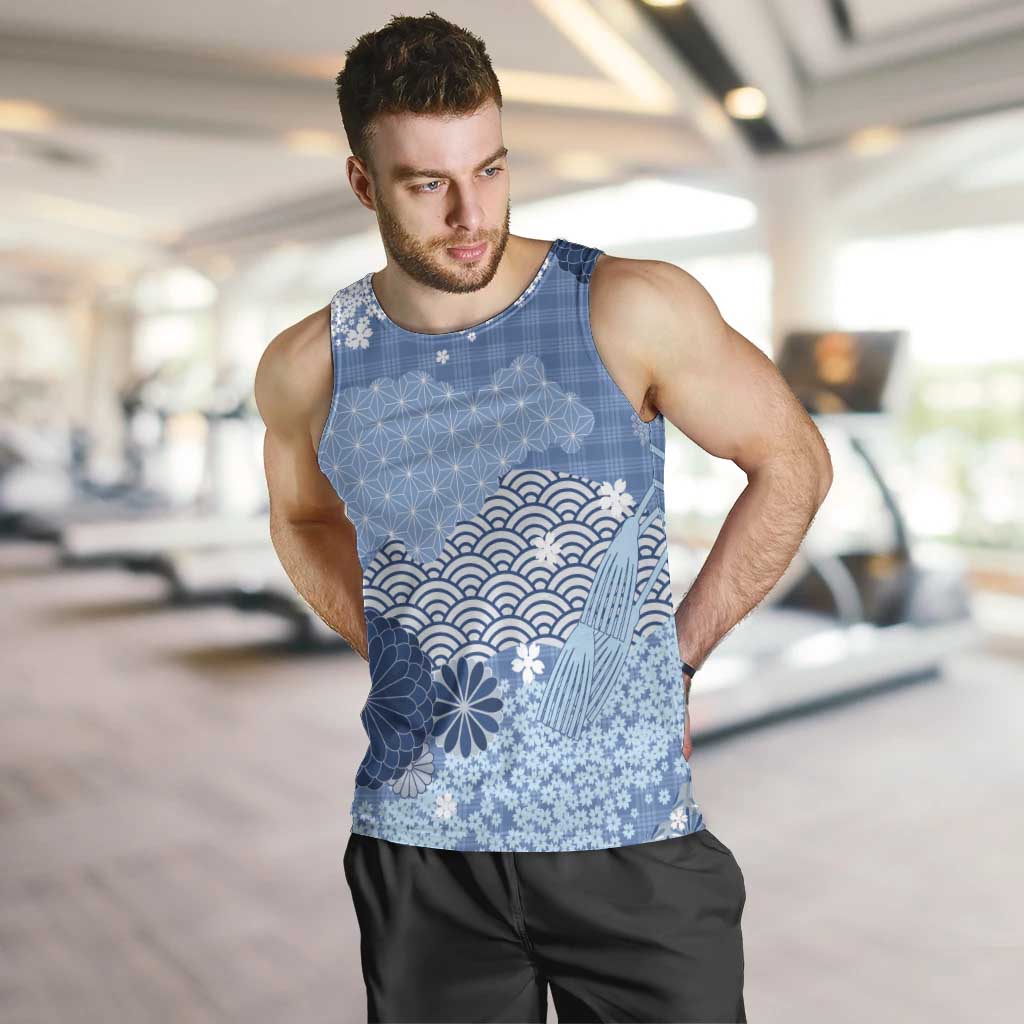 Blue Palaka Japanese Patterns Men Tank Top Asanoha Seigaiha Sakura Motif - Polynesian Pride