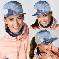 Blue Japanese Traditional Motifs Mesh Trucker Cap Palaka With Asanoha Seigaiha Sakura LT14 - Polynesian Pride