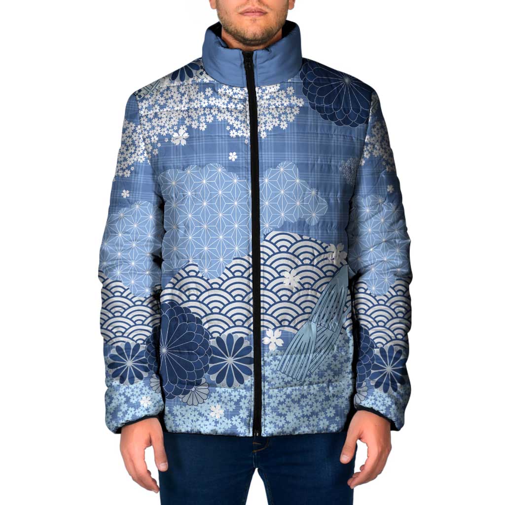 Blue Palaka Japanese Patterns Padded Jacket Asanoha Seigaiha Sakura Motif - Polynesian Pride