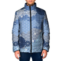 Blue Palaka Japanese Patterns Padded Jacket Asanoha Seigaiha Sakura Motif - Polynesian Pride