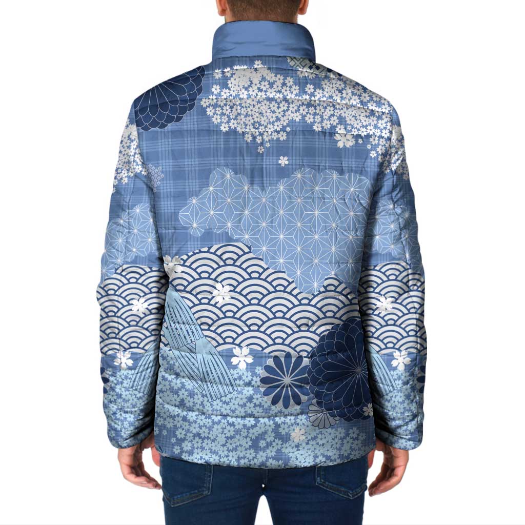 Blue Palaka Japanese Patterns Padded Jacket Asanoha Seigaiha Sakura Motif - Polynesian Pride
