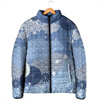 Blue Palaka Japanese Patterns Padded Jacket Asanoha Seigaiha Sakura Motif - Polynesian Pride