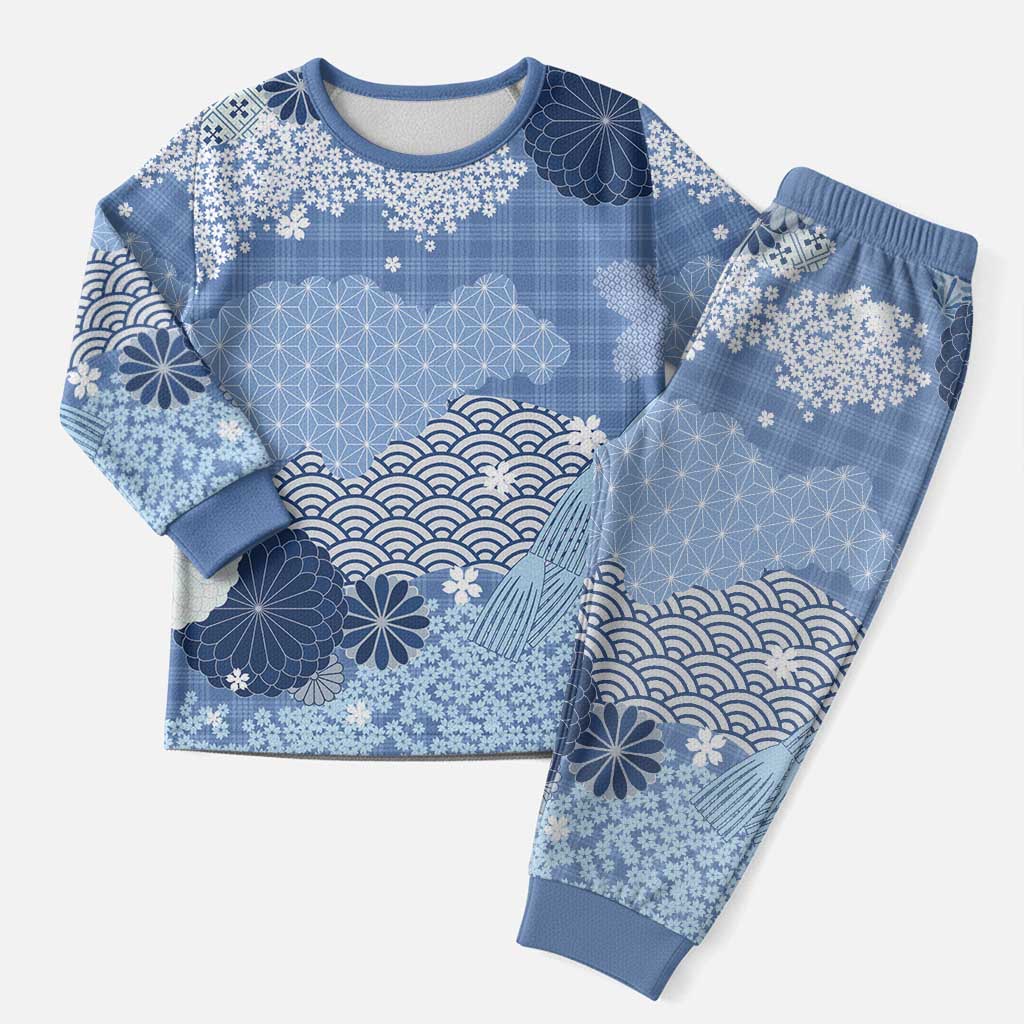Blue Palaka Japanese Patterns Christmas Pajama Set Asanoha Seigaiha Sakura Motif - Polynesian Pride