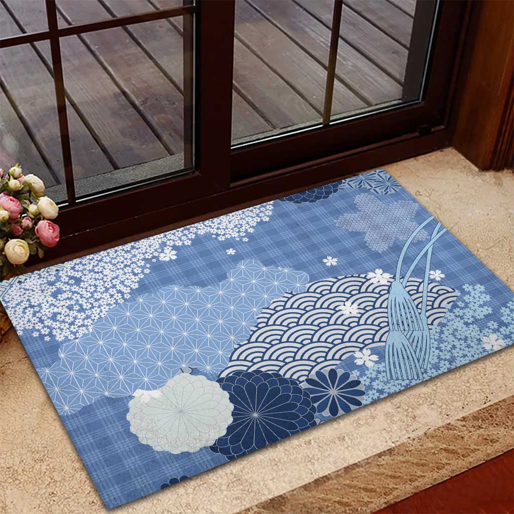 Blue Palaka Japanese Patterns Rubber Doormat Asanoha Seigaiha Sakura Motif - Polynesian Pride
