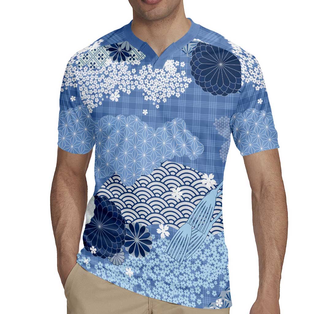 Blue Palaka Japanese Patterns Rugby Jersey Asanoha Seigaiha Sakura Motif - Polynesian Pride